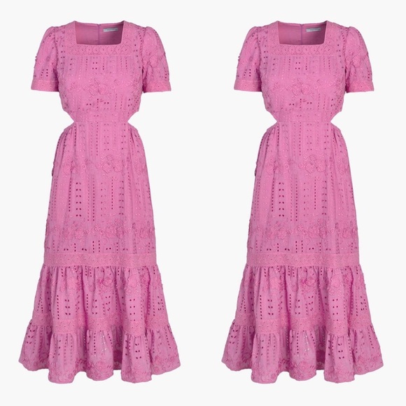 NWT Adelyn Rae Katina Pink Side Cut Out Embroidered Midi Dress Puff Sleeves - Picture 3 of 8